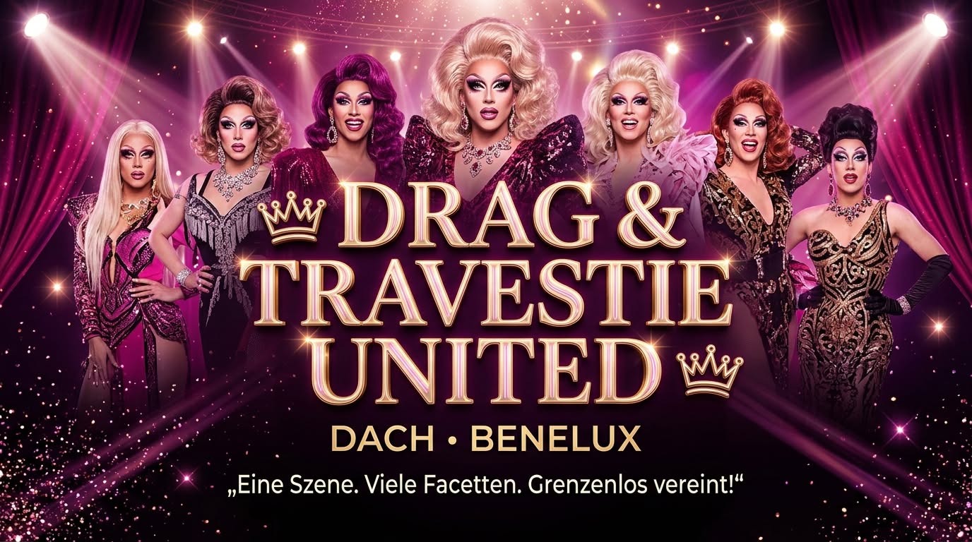 Drag & Travestie United – DACH · Benelux. Glamouröses Bühnenmotiv mit sechs Drag-Künstlerinnen und dem Motto: Eine Szene. Viele Facetten. Grenzenlos vereint!